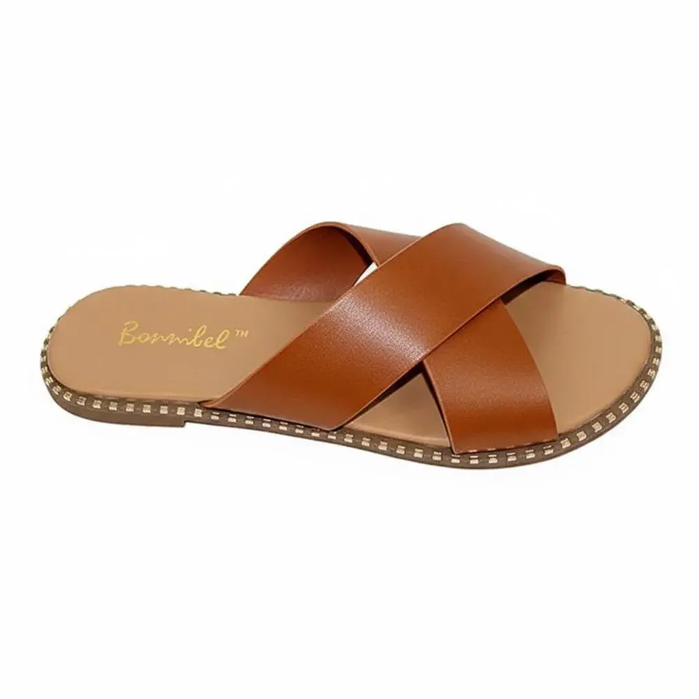 Tan Crisscross Slide Sandals with Studded Detail - Picture 5 of 5